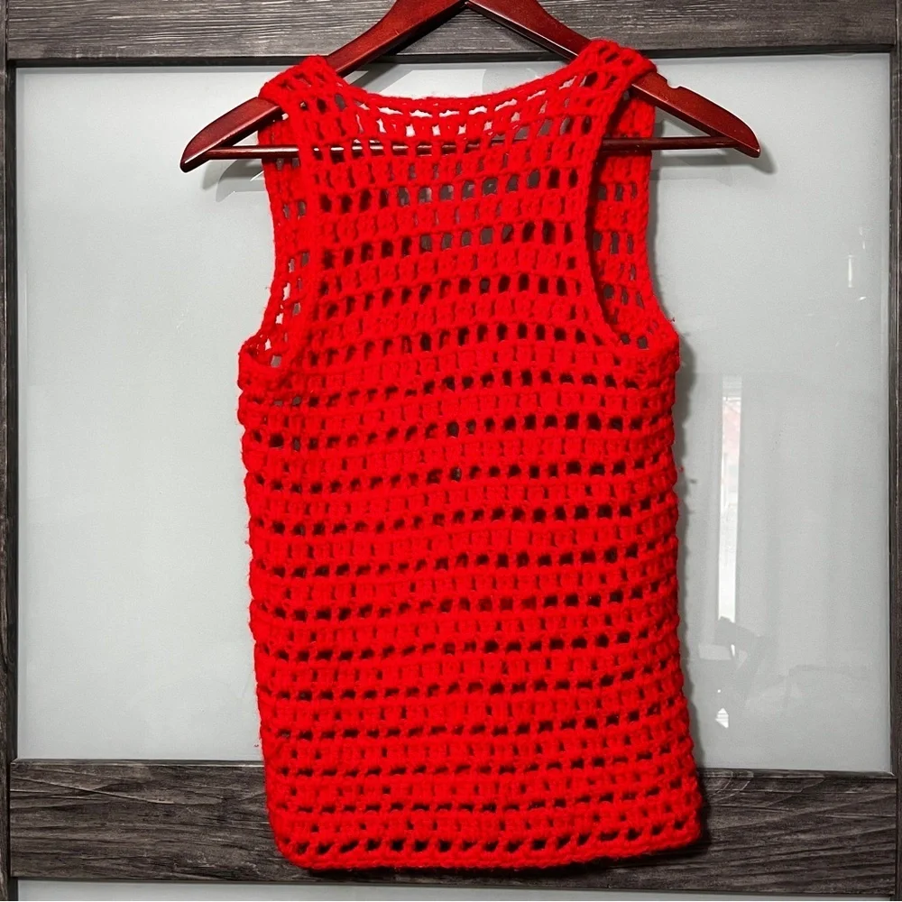 Vintage 1970's Handmade Crochet Red Tie Vest Retro Holiday Festival Hippie - Picture 2 of 7